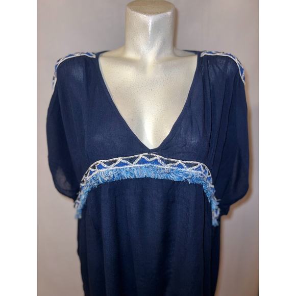 ATMOSPHERE Top Women's Size L Blue Fringe Accent V-neck Swim Beach Cover Up - Picture 2 of 7